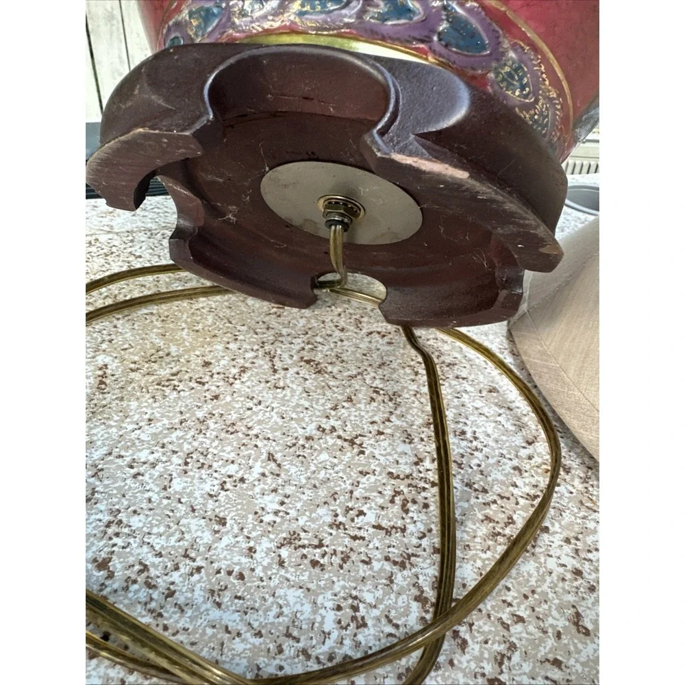 Vintage Cranberry Red Floral Enamel Glass Table Lamp – 26